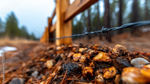 A scenic view showcasing a rustic wooden fence and a pile of stones, captured in a tranquil natural setting, evoking a sense of peace and connection to the outdoors.