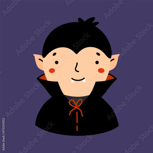 Cute vampire isolated on a purple background. Vector hand-drawn illustration in a flat style. Perfect for cards, decorations, logo and Halloween designs.