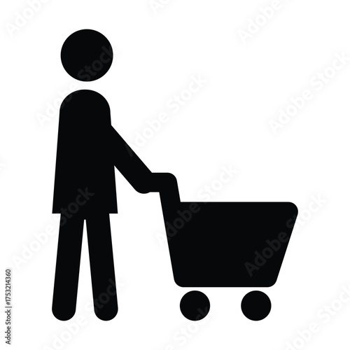 Shopping icon, male person with shopping cart in a glyph pictogram illustration