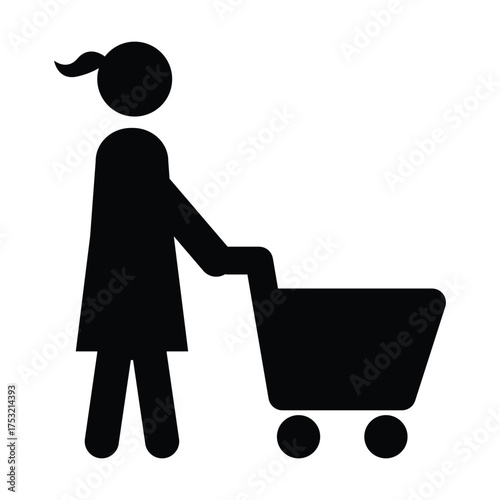 Shopping icon, male person with shopping cart in a glyph pictogram illustration