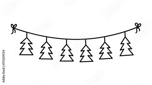 Christmas garland with hanging pine tree shapes isolated on a white background. Vector hand-drawn illustration in doodle style. Perfect for holiday designs, cards, decorations, logo.