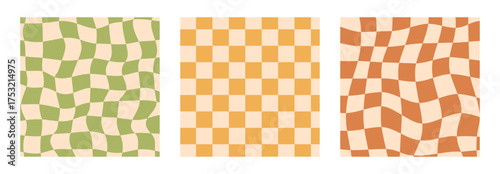 Set of abstract checkered backgrounds with wavy and straight patterns in green, orange, beige colors. Retro geometric optical illusion design. Perfect for posters, print, banners with a 70s aesthetic.