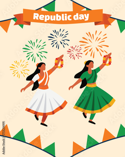 Happy Republic Day of India, 26th January celebration vertical banner with women dancing celebrating, holding Indian flags, balloons, festive background