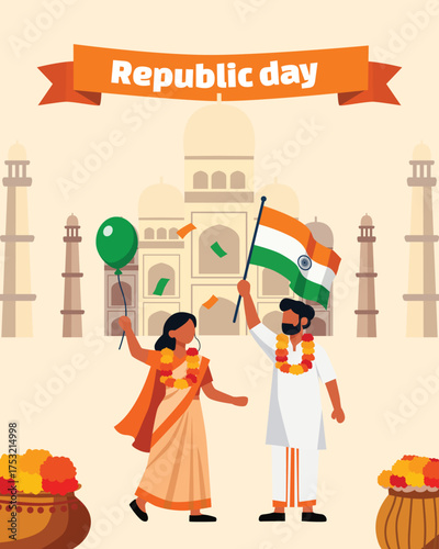 Happy Republic Day of India, 26th January celebration vertical banner with people celebrating, holding Indian flags, balloons, festive background