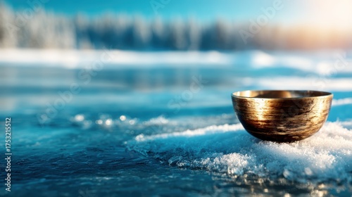 A glistening golden bowl rests delicately on a patch of snow beside a frozen lake, embodying a tranquil winter scene filled with a sense of calm and introspection for viewers.