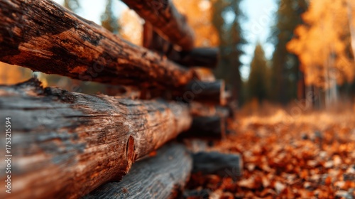 A charming wooden fence stretches across a vibrant autumn landscape, surrounded by fallen leaves and illuminated by warm sunlight filtering through colorful trees in the background.