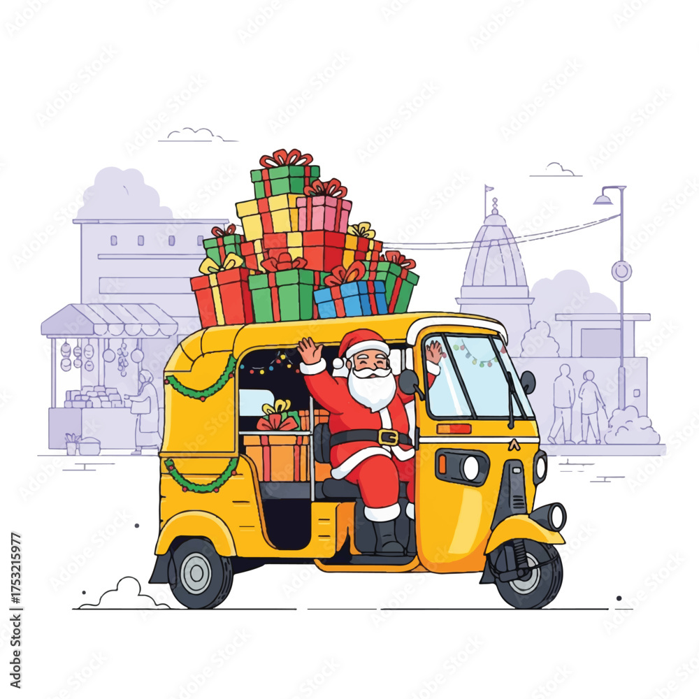 Fototapeta premium Cartoon illustration of Santa Claus waving from a yellow tuk-tuk loaded with colorful gifts in a cityscape with a festive mood and purple-toned background.