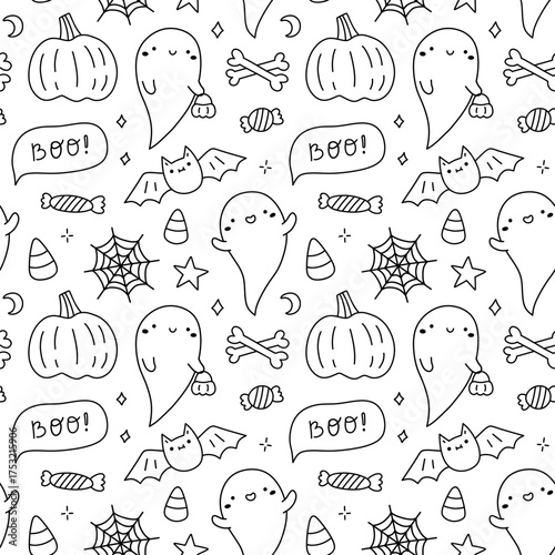 Cute Halloween seamless pattern with ghosts, pumpkins, bats, candies, spider webs, and bones. Fun hand-drawn black and white design for coloring pages, wrapping paper, and decorations. Doodle style.