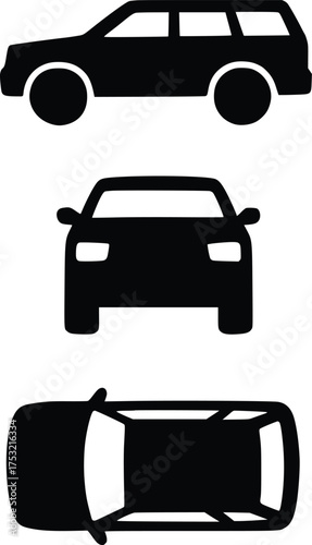 Black silhouette suv icons showing side front and top views on