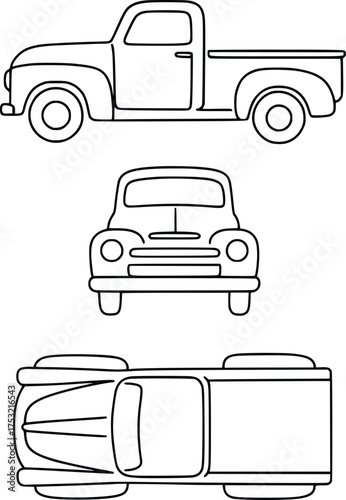 Vintage pickup truck line art from three angles side front top for automotive graphics