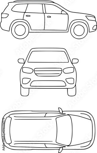 Automotive design blueprint line art vehicle views side front top for automotive industry
