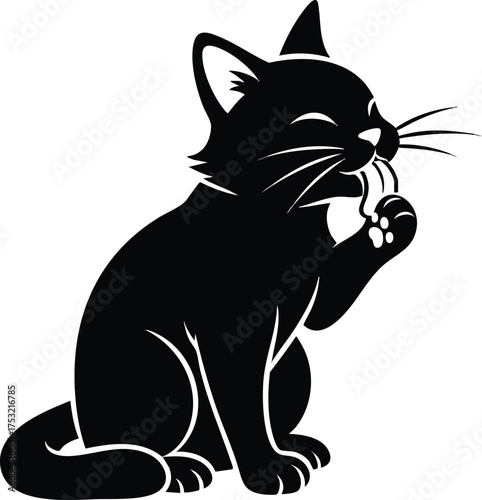 Black cat silhouette sitting and grooming its paw vector art.