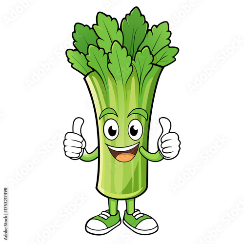 Happy cartoon celery stalk character with a big smile and raised fist isolated on white background