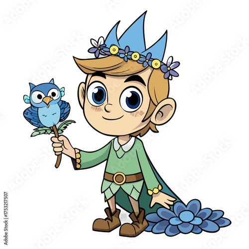 Cute cartoon boy wearing a flower crown and green tunic holding a blue bird on a stick with a blue flower accent