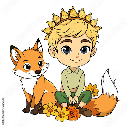 Charming cartoon illustration of a young boy with a golden crown and a friendly fox surrounded by vibrant flowers on a white background