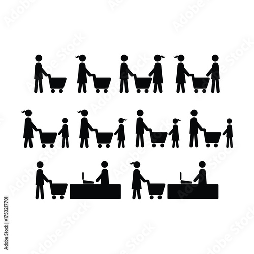 Shopping icon, male person with shopping cart in a glyph pictogram illustration