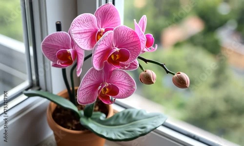 Gentle pink orchid blooms near window, soft light