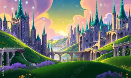 Fantasy castles shimmer in magical landscape