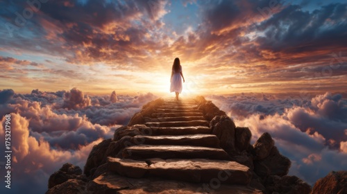 A breathtaking image of a figure walking on a rocky path leading to a radiant sunset over the clouds, symbolizing hope, journey, and exploration in a dreamy atmosphere.