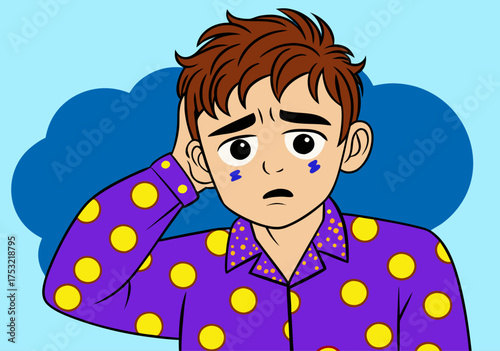 Worried Man Sleepless in Polka Dot Pajamas - Insomnia Concept