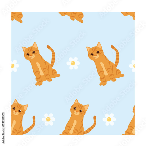 seamless orange cat pattern vector illustration with smiling kittens and flowers on light blue background for digital paper and cute stationery design
