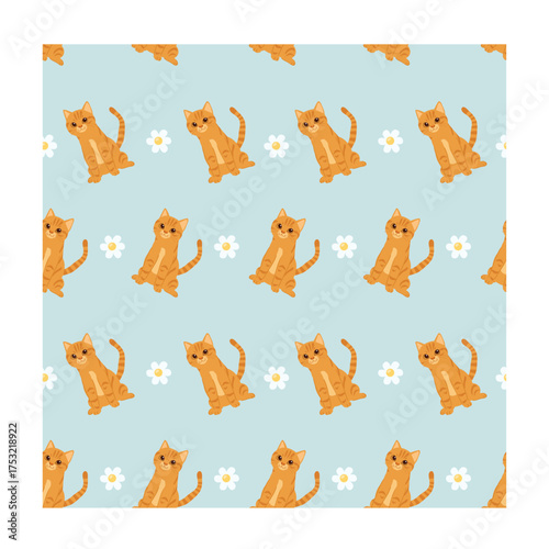 adorable orange kitten vector pattern with white flowers seamless cute cartoon design for fabric wrapping paper and home decoration