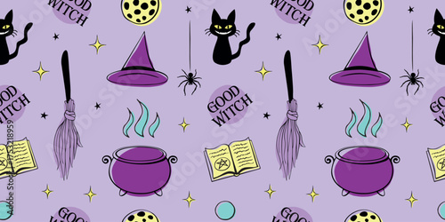 Halloween seamless pattern with good witch symbols - cat, magic book, witch hat, broom and cauldron. Power girls theme. Cute holiday kids decor