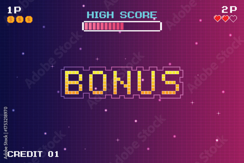 Bonus, Pixel art, 8-bit games, retro futuristic sci-fi backgrounds, glowing neon grids, and stars from vintage arcade computer games.
