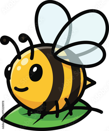 Cute cartoon bee smiling happily on a green leaf in the sunshine.