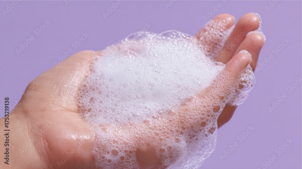 Fototapeta premium Hand Holding White Soap Suds Bubbles Close Up Clean Fresh Hygiene Lather Washing