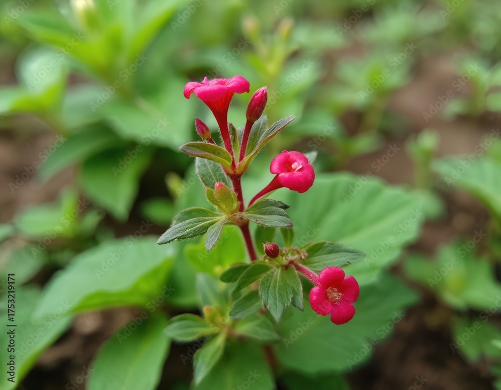 Obraz premium Close up view of small pink flowers with green leaves in a garden. Plants grow in soil with soft focus background, natural outdoor setting. Healthy green leaves and vibrant pink blossoms bloom.