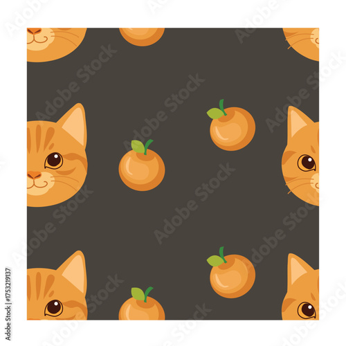 cute cat pattern seamless vector with orange fruit and ginger kitten faces for textile and wallpaper design