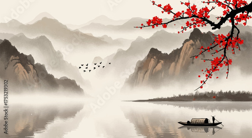 Serene Ink Wash Painting of a Lakeside Mountain Landscape, Featuring Blossoms and a Boat, 