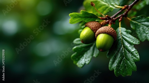 A detailed close-up of fresh green acorns resting on an oak tree branch, showcasing the beauty of nature and the process of growth and renewal in a vibrant natural setting.