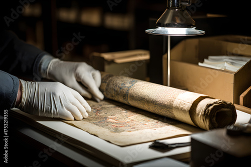 Preserving History's Secrets: A person carefully handles an ancient manuscript. Illuminated by a focused light source, the scene captures the essence of preservation.