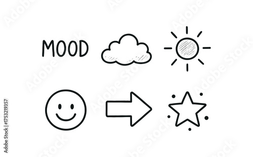 hand drawn cute doodle style line isolated on white background: mood cloud sun glow smile face arrow shift dots