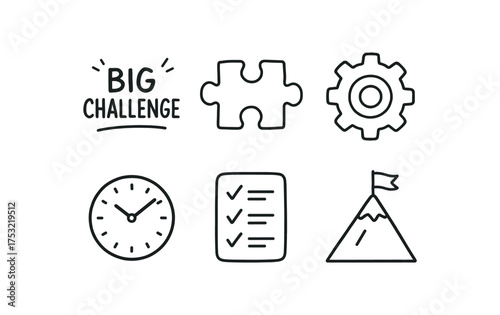 hand drawn cute doodle style line isolated on white background: big challenge puzzle piece gear cog clock line task summit peak