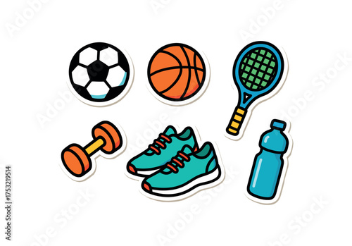 cute colorful sports sticker set with bold black outline and white border including soccer ball basketball tennis racket dumbbell sneakers and water bottle minimal style isolated on light