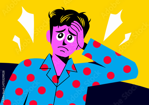 Anxious Man in Polka Dot Pajamas Suffering from Insomnia
