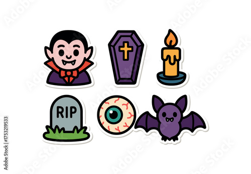 cute colorful Halloween celebration sticker set with bold black outline and white border including vampire coffin candle tombstone eyeball and bat minimal style isolated on light background