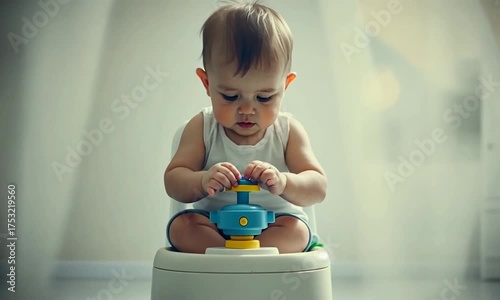 Baby learns by playing with colorful toy alone