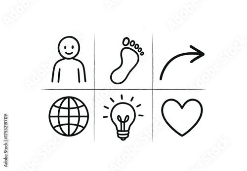 hand drawn cute doodle style line isolated on white background: human existence footprint line path arrow globe sign light glow life icon