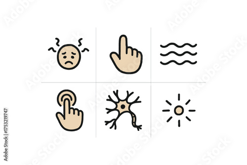 hand drawn cute doodle style line isolated on white background: sensation hand icon ripple lines touch nerve path glow rays