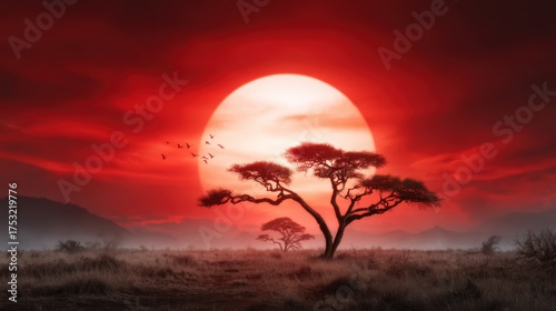 A stunning sunset casts a dramatic red hue over vast savannah, highlighting a lone tree and flock of birds in this serene African landscape, perfect for nature lovers.