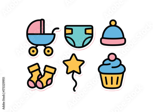 cute colorful gender reveal party sticker set with bold black outline and white border including baby stroller diaper baby hat socks balloon and cupcake minimal style isolated on light