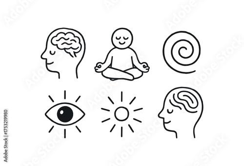 hand drawn cute doodle style line isolated on white background: deep consciousness meditating figure spiral icon eye glow calm rays mind lines