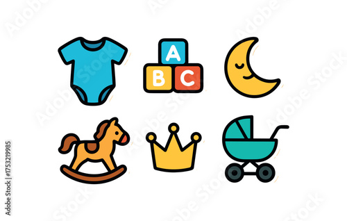 cute colorful baby shower sticker set with bold black outline and white border including blue onesie toy blocks rocking horse moon crown and stroller minimal style isolated on light