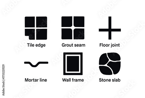 flat black solid icon items isolated on white background tile edge grout seam floor joint mortar line frame stone slab