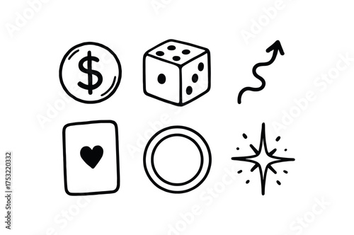 hand drawn cute doodle style line isolated on white background: chance dice icon arrow path card circle ring spark glow