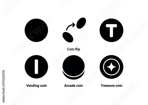 flat black solid icon items isolated on white background: coin coin flip token coin vending coin arcade coin treasure coin